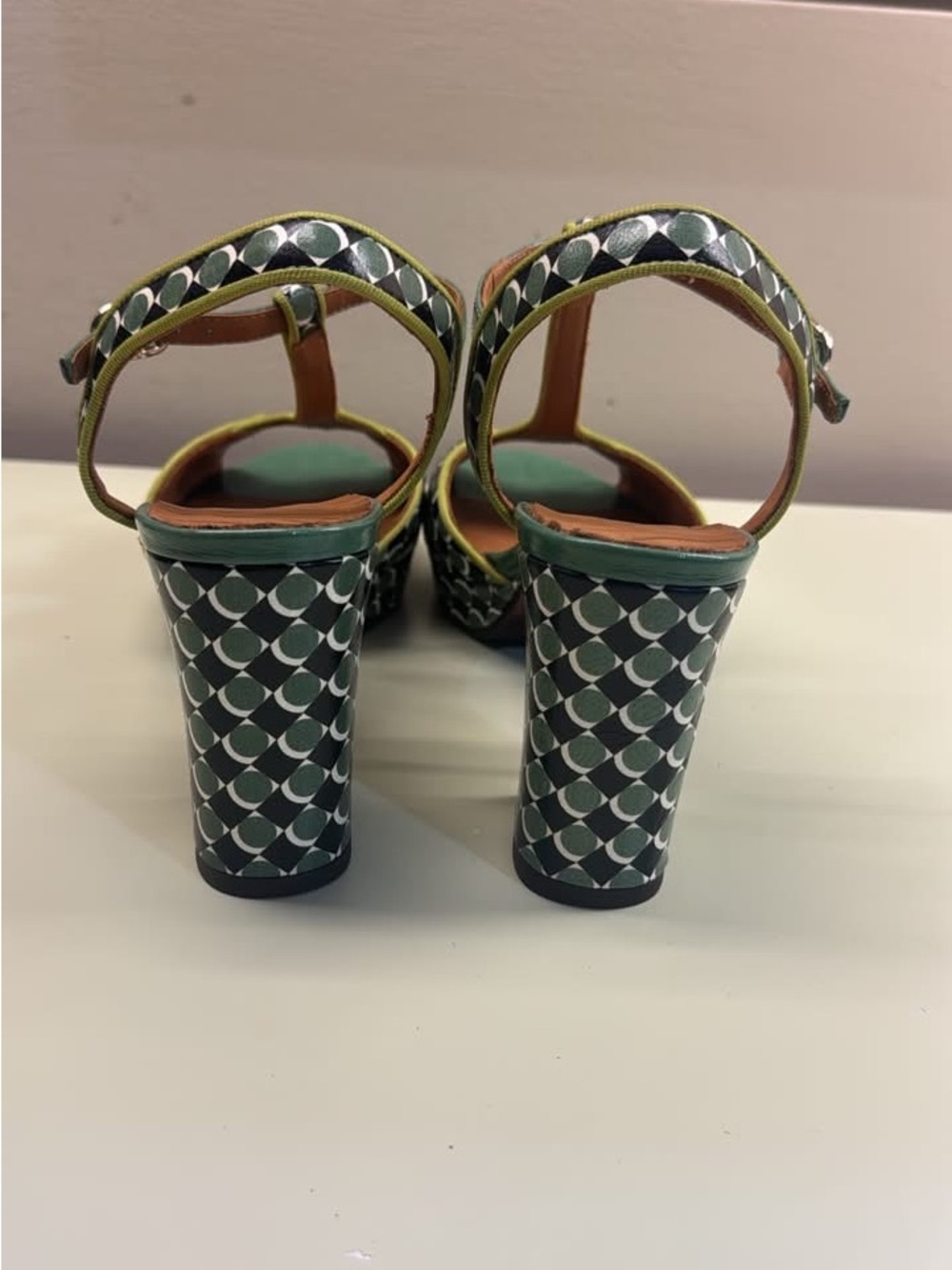 Chie Mihara Green Patterned T-Strap Heels with Olive Trim - Picture 3 of 6
